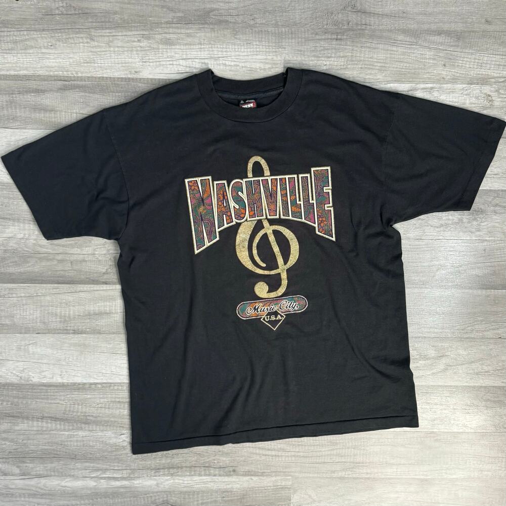 VINT Nashville Music City USA Single Stitch T Shirt Black Single Stitch XL FLAW
